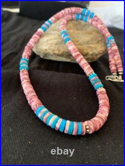 Navajo Turquoise & Spiny Oyster Necklace Sterling Silver 21 4639