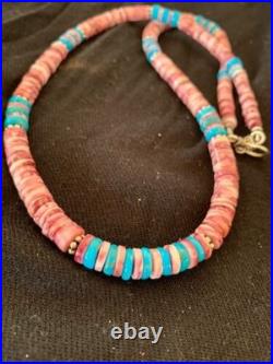 Navajo Turquoise & Spiny Oyster Necklace Sterling Silver 21 4639