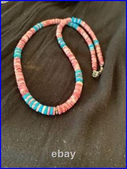 Navajo Turquoise & Spiny Oyster Necklace Sterling Silver 21 4639