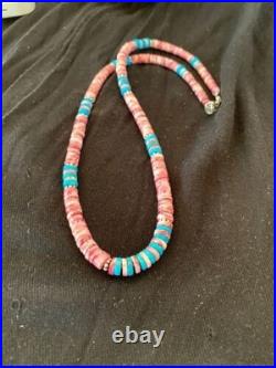 Navajo Turquoise & Spiny Oyster Necklace Sterling Silver 21 4639