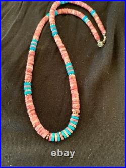 Navajo Turquoise & Spiny Oyster Necklace Sterling Silver 21 4639