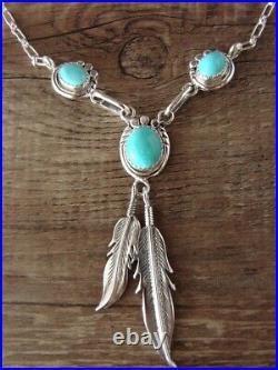 Navajo Turquoise Sterling Silver 3 Stone Feather Link Necklace by Rita Largo