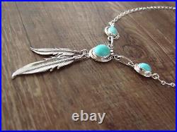 Navajo Turquoise Sterling Silver 3 Stone Feather Link Necklace by Rita Largo