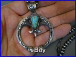 Navajo Turquoise Sterling Silver Bead Necklace + Naja Pendant, Signed EL BILLAH