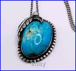 Navajo Turquoise Sterling Silver Pendant Necklace Signed FJS & 30 Italy Chai