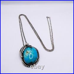 Navajo Turquoise Sterling Silver Pendant Necklace Signed FJS & 30 Italy Chai