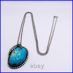 Navajo Turquoise Sterling Silver Pendant Necklace Signed FJS On Italy Chain 30 Navajo Turquoise Sterling Silver Pendant Necklace Signed FJS On Italy Chain 30