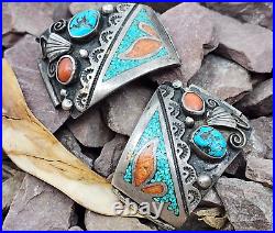 Navajo Unique Vintage Sterling Silver Chip Inlay Turquoise Coral Mens Watch Tips