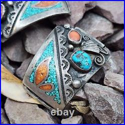 Navajo Unique Vintage Sterling Silver Chip Inlay Turquoise Coral Mens Watch Tips