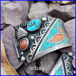 Navajo Unique Vintage Sterling Silver Chip Inlay Turquoise Coral Mens Watch Tips