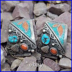 Navajo Unique Vintage Sterling Silver Chip Inlay Turquoise Coral Mens Watch Tips