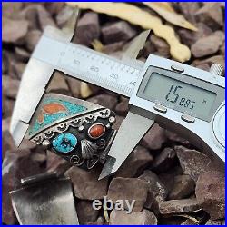 Navajo Unique Vintage Sterling Silver Chip Inlay Turquoise Coral Mens Watch Tips