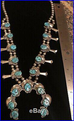 Navajo Vintage Sterling Silver & Turquoise Squash Blossom Necklace