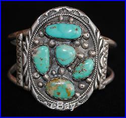 Navajo Vintage Sterling Silver and Natural Turquoise Cuff Bracelet, Old Pawn