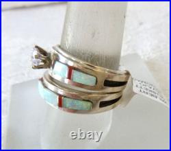 Navajo Wilbert Muskett Inlaid Opal Wedding Ring Set 925 Sterling Silver Sz 7.5