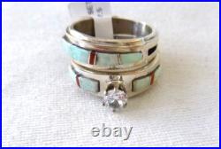 Navajo Wilbert Muskett Inlaid Opal Wedding Ring Set 925 Sterling Silver Sz 7.5