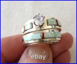 Navajo Wilbert Muskett Inlaid Opal Wedding Ring Set 925 Sterling Silver Sz 7.5