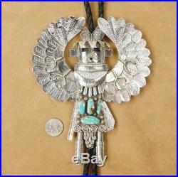 Navajo XXL Huge Sterling Silver Turquoise Eagle Dancer Kachina Leather Bolo Tie