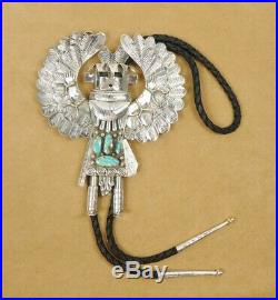 Navajo XXL Huge Sterling Silver Turquoise Eagle Dancer Kachina Leather Bolo Tie