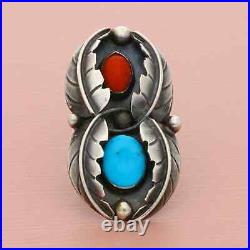 Navajo sterling silver feather shadow box turquoise coral ring 6.5