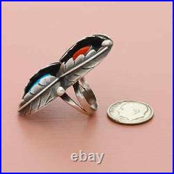 Navajo sterling silver feather shadow box turquoise coral ring 6.5