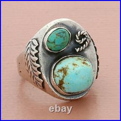 Navajo sterling silver mens vintage chunky turquoise feathers ring size 10.25