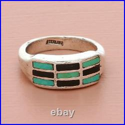 Navajo sterling silver mens vintage turquoise & onyx inlay ring size 8.5