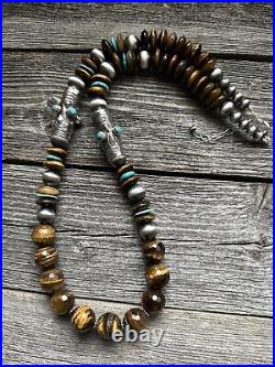 Navajo sterling silver tigers eye bead necklace 26 Inch