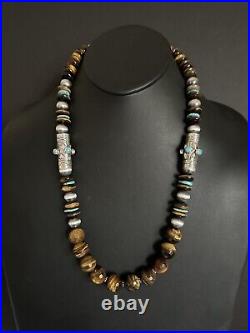 Navajo sterling silver tigers eye bead necklace 26 Inch