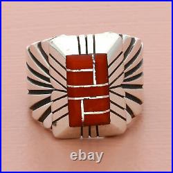 Navajo sterling silver vintage mens c benally coral inlay sunburst ring size 10