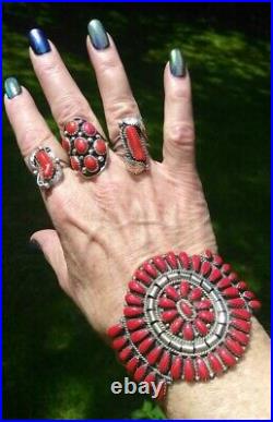 Navajosterling Silver Red Coral Petit Point Cuff Bracelet By Julianna Williams