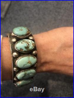 Nelvin Burbank NAVAJO Heavy Hand-Stamped Sterling Silver TURQUOISE Cuff BRACELET