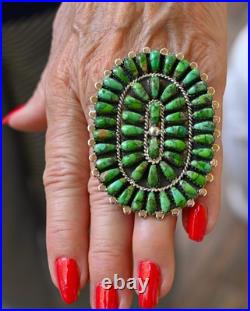 New Huge Navajo D Benally Sz 7.5 Ring Sterling & Green Sonoran Turquoise 23grams