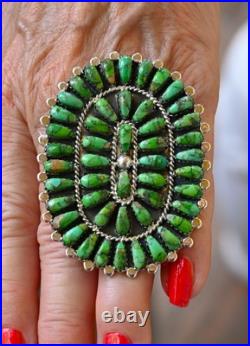 New Huge Navajo D Benally Sz 7.5 Ring Sterling & Green Sonoran Turquoise 23grams