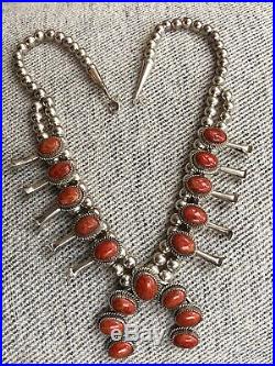 Nice! Navajo Indian Southwestern Squash Blossom Necklace Sterling Silver & Coral