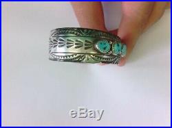 Nice Vtg. Turquoise Sterling Silver Navajo Cuff Bracelet Signed WB. BUY NOW