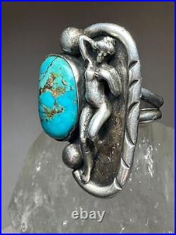 Nude lady ring size 8.75 long turquoise figurative Navajo sterling silver