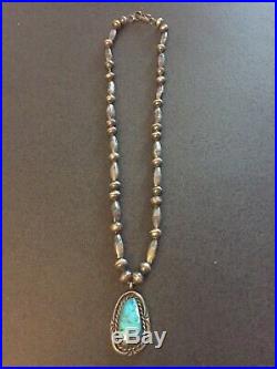 OLD NAVAJO STERLING SILVER BEAD NECKLACE With TURQUOISE PENDANTS