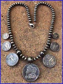 OLD PAWN NAVAJO Sterling Silver MERCURY DIME EAGLE Coin SQUASH BLOSSOM Necklace