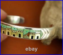 OOAK PUEBLO INDIAN HOUSES Navajo Handmade Sterling Silver INLAY Cuff Bracelet