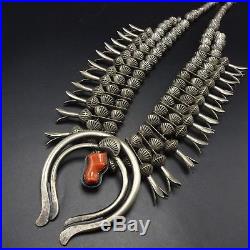 ORVILLE TSINNIE Vintage NAVAJO Sterling Silver & CORAL SQUASH BLOSSOM Necklace