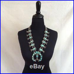 Old 1930s Vintage NAVAJO Sterling Silver and Turquoise SQUASH BLOSSOM Necklace