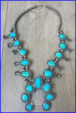 Old (6.02 Oz.) 26 Navajo Turquoise & Sterling Silver Squash Blossom Necklace