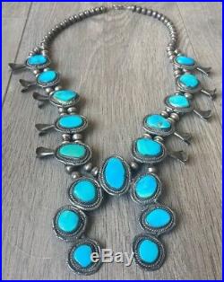 Old (6.02 Oz.) 26 Navajo Turquoise & Sterling Silver Squash Blossom Necklace