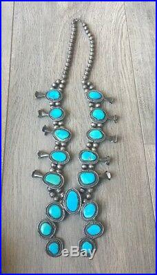 Old (6.02 Oz.) 26 Navajo Turquoise & Sterling Silver Squash Blossom Necklace