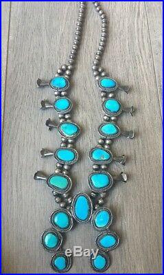 Old (6.02 Oz.) 26 Navajo Turquoise & Sterling Silver Squash Blossom Necklace