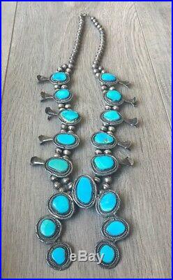 Old (6.02 Oz.) 26 Navajo Turquoise & Sterling Silver Squash Blossom Necklace