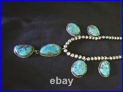 Old NAVAJO Sterling Silver Bench Beads MORENCI Turquoise LARIAT Necklace Pendant