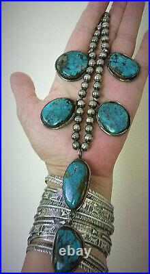 Old NAVAJO Sterling Silver Bench Beads MORENCI Turquoise LARIAT Necklace Pendant