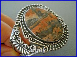Old Native American Orange Black Petrified Wood Sterling Silver Stamped Bracelet